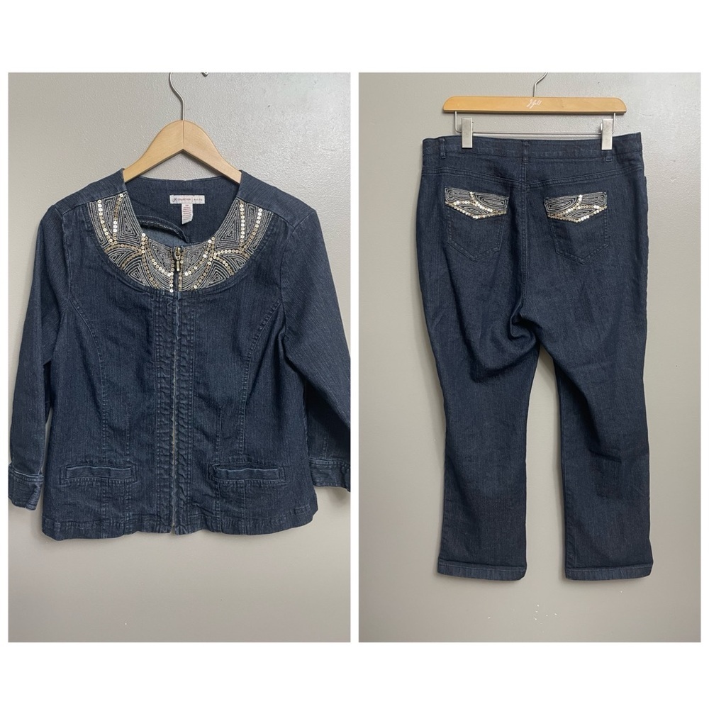 JM Collection women’s size 12 Petite Blue Denim Pants Suit business casual